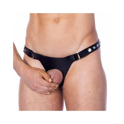 Leather G-String Adjustable with Oppening for men, showcasing bold style and comfort with a 5 cm opening, adjustable hardware, fits waist 86-102 cm.