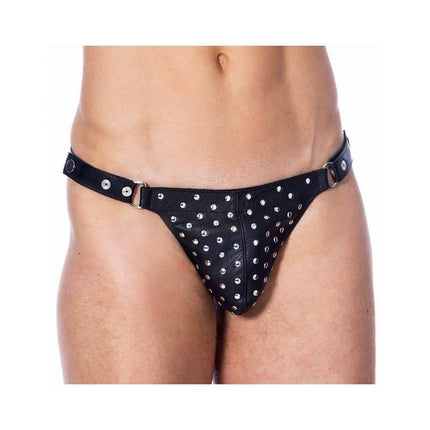 Leather G-string Adjustable with Rivets, premium men's thong with rivet detailing, customizable waistband for perfect fit.