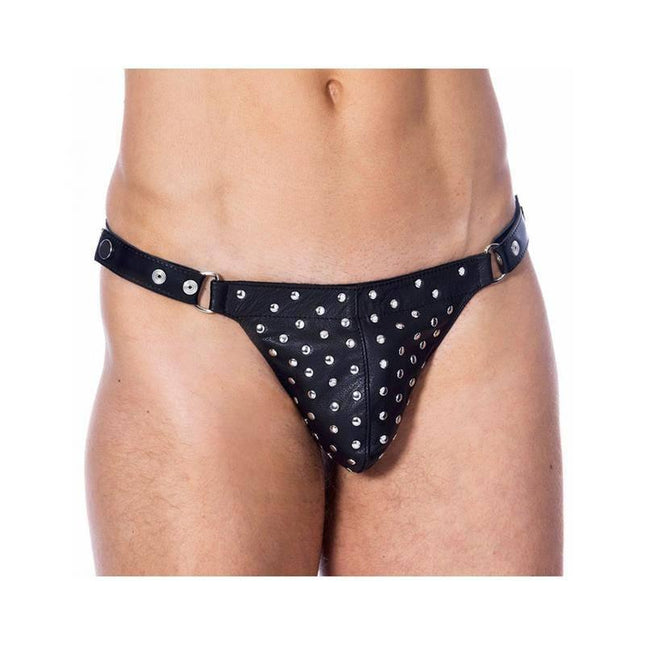 Leather G-string Adjustable with Rivets, premium men's thong with rivet detailing, customizable waistband for perfect fit.