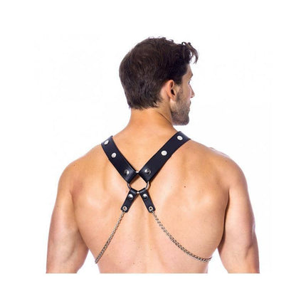 Back view of model wearing Leather Harness with Chains, showcasing crossed leather straps and metal chain detailing for edgy style.