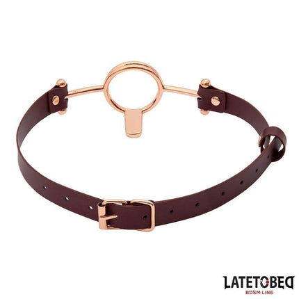 LATETOBED Leather O Ring Gag in brown with gold accents, featuring durable design for BDSM enthusiasts and intimate play.