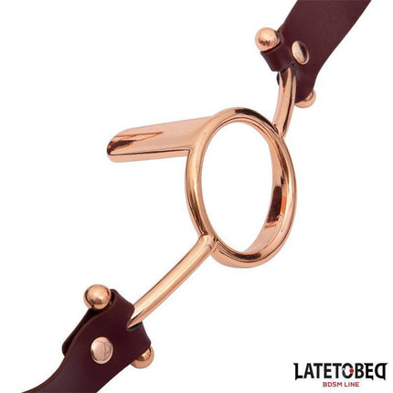 Leather O Ring Gag with brown straps and gold accents designed by LATETOBED for BDSM enthusiasts.