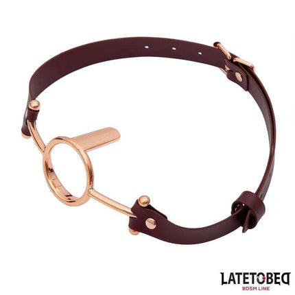 LATETOBED Leather O Ring Gag featuring brown leather strap with gold accents, designed for BDSM enthusiasts seeking luxury and comfort.