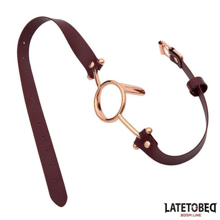 LATETOBED Leather O Ring Gag with brown leather and gold ring designed for BDSM enthusiasts.