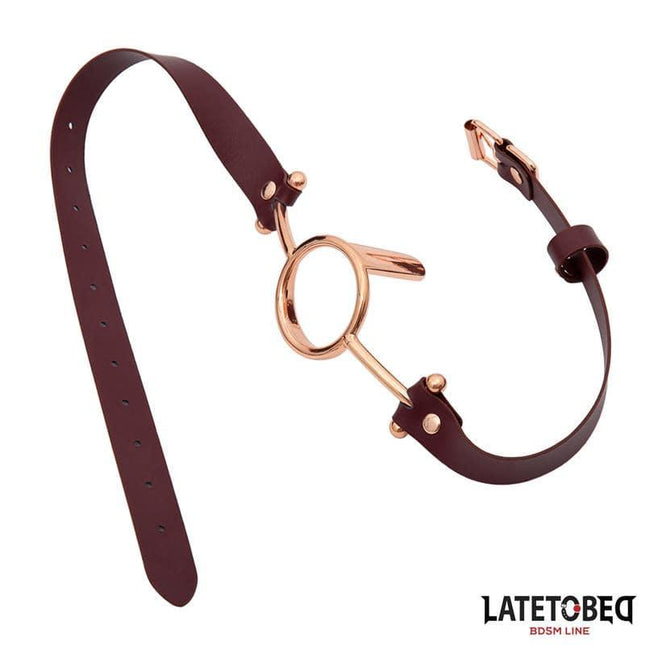 LATETOBED Leather O Ring Gag with brown leather and gold ring designed for BDSM enthusiasts.