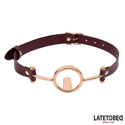 LATETOBED Leather O Ring Gag with gold accents and adjustable brown strap, ideal for discerning BDSM enthusiasts.