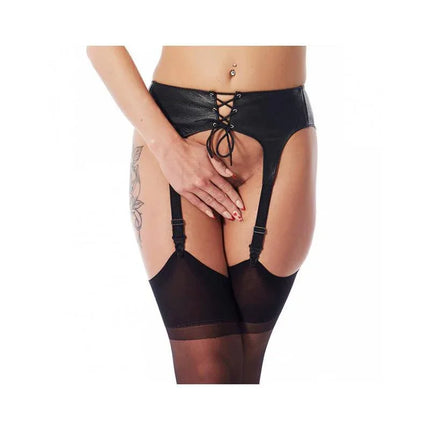 Leather Suspenderbelt Adjustable with premium leather construction and four secure clips for stocking support.