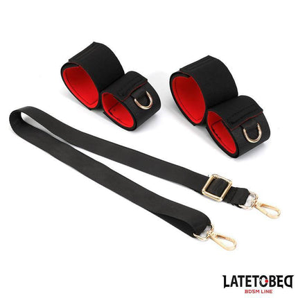 Leg Open Restraints Set from Latetobed BDSM Line with neoprene and metal, showcasing adjustability and comfort for couples.