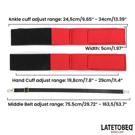 Leg Open Restraints Set dimensions and adjustable cuffs from Latetobed BDSM Line