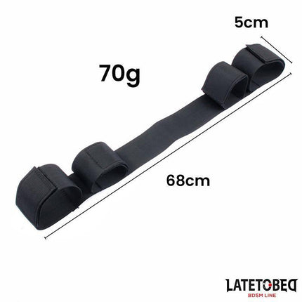 Latetobed BDSM Line leg spreader with foam Velcro cuffs for secure and adjustable positioning, shown with dimensions.