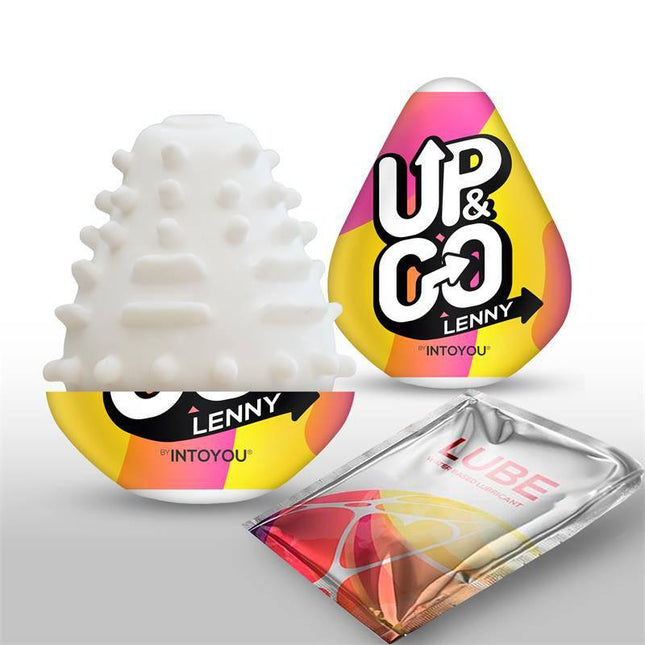 Lenny Masturbator Egg by Nanami featuring textured design and lubricant sachet for enhanced solo pleasure experience.