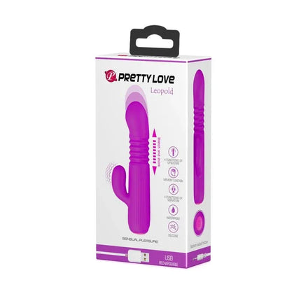 Packaging of Leopold Thrusting Vibe USB Silicone with purple design, USB rechargeable feature, and body-friendly silicone material