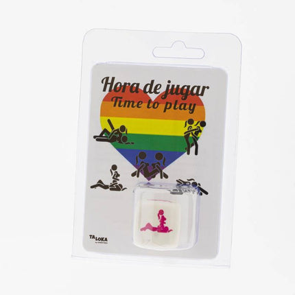Lesbian Posture Kamasutra Die packaging with rainbow heart and playful icons, promoting spontaneity and intimacy