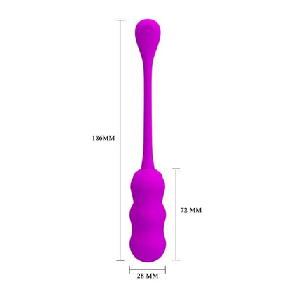 Leshy Vibrating Egg with Remote Control USB in purple showing dimensions; length 186mm, diameter 28mm and 72mm