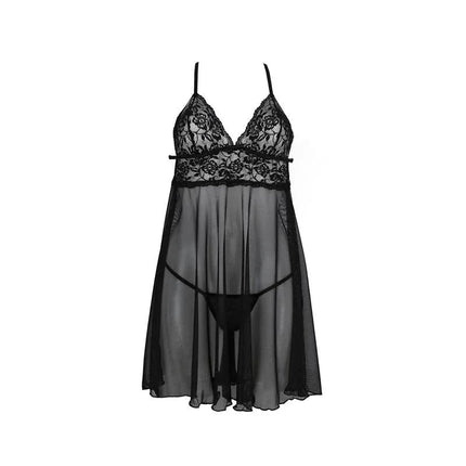 Leslie Chemise and Thong - Elegant Translucent Black Lace Lingerie Set for a Confident Silhouette