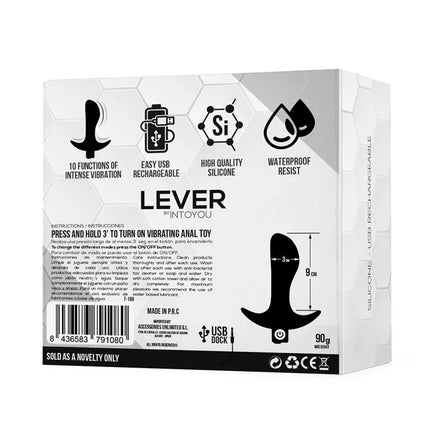 Box packaging of Lever Anal Plug with Vibration USB Silicone highlighting features like USB rechargeability, waterproof, and high-quality silicone.