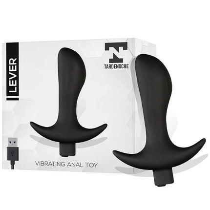 Lever Anal Plug with Vibration USB Silicone in packaging, featuring sleek design and USB compatibility against a white background.
