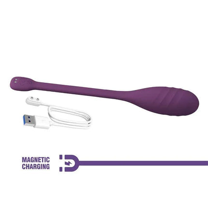 Leviathan Vibrating Egg with App and magnetic charging USB cable in purple color.