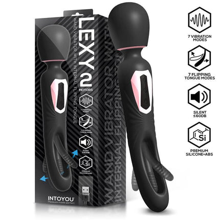 Lexy Vibrating Wand with Internal Flipping Tongue on display, featuring 7 vibration modes and premium silicone design by Intoyou.