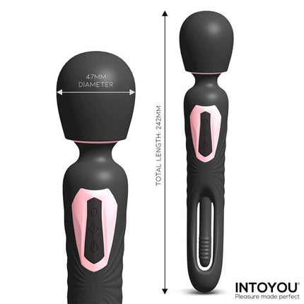 Lexy Vibrating Wand with Internal Flipping Tongue by Intoyou, featuring 7 vibration modes, premium silicone, 242mm length, and 47mm diameter.