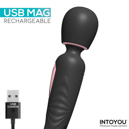 Lexy Vibrating Wand with Internal Flipping Tongue in black, USB rechargeable, by Intoyou.