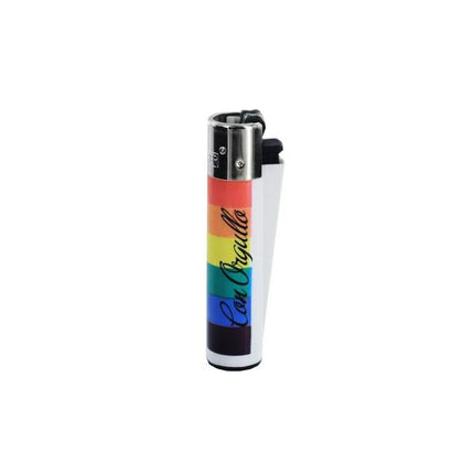 LGBT Flag Lighter Con Orgullo with rainbow design and 'Con Orgullo' slogan, rechargeable Clipper lighter for Pride supporters.