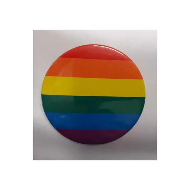 LGBT+ Pride Badge with bright LGBT+ flag colors, 60 mm round accessory for Pride and inclusivity.