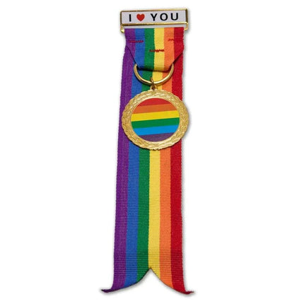 LGBT+ Pride Metal Medal with vibrant rainbow ribbon and 'I Love You' text, ideal for inclusive recognitions and celebrations.