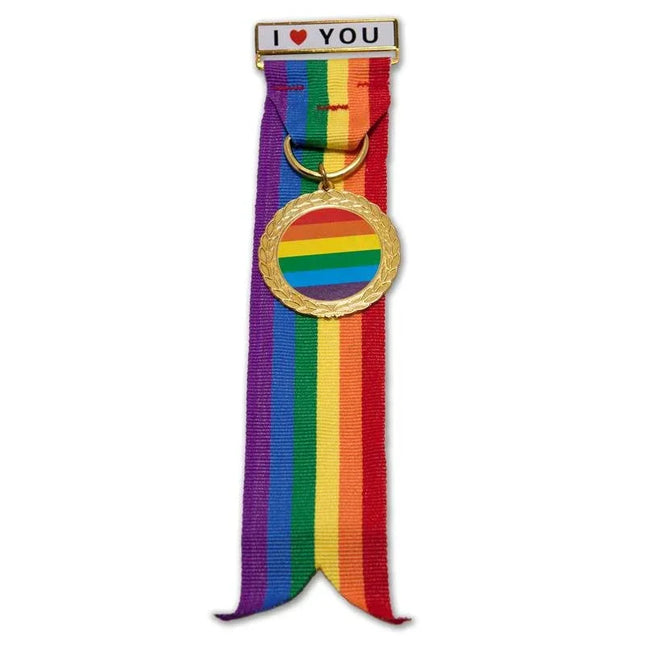 LGBT+ Pride Metal Medal with vibrant rainbow ribbon and 'I Love You' text, ideal for inclusive recognitions and celebrations.