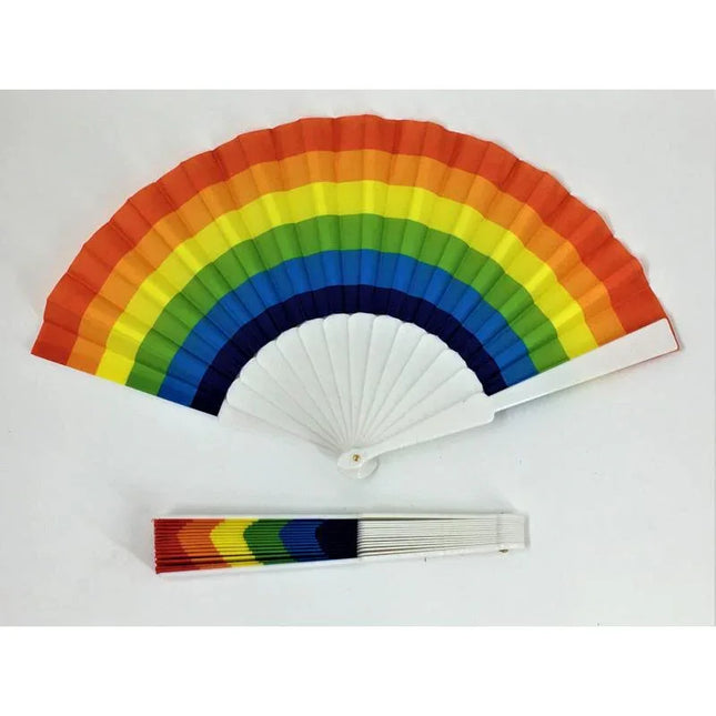 LGBT+ Pride Plastic Fan with vibrant rainbow flag design, perfect for Pride events and festivals.