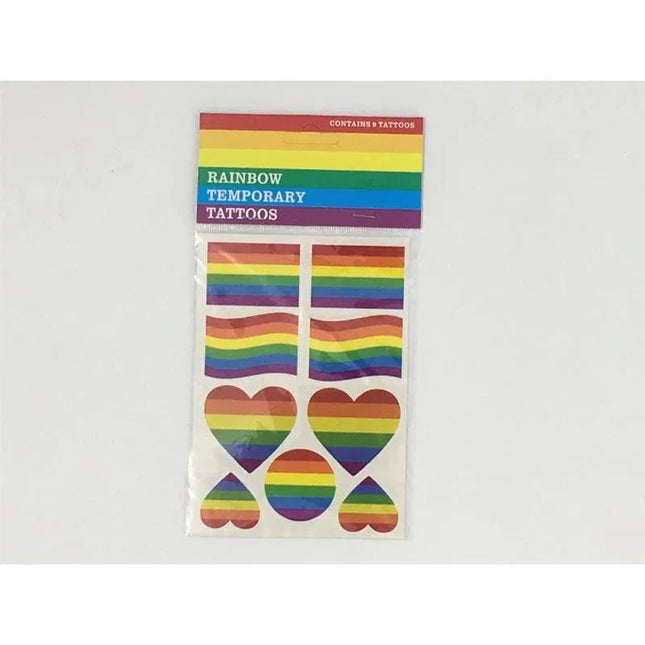 LGBT+ Pride Sheet of Temporary Tattoos featuring rainbow designs and heart shapes, perfect for celebrating diversity and inclusion.