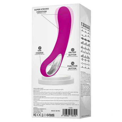 Liam Vibe USB Silicona box showcasing pink silicone vibrator with multiple vibration modes and ergonomic design.