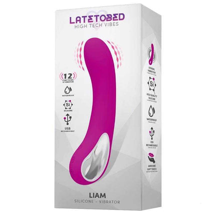 Liam Vibe USB Silicona premium rechargeable silicone vibrator with 12 functions and ergonomic design in packaging