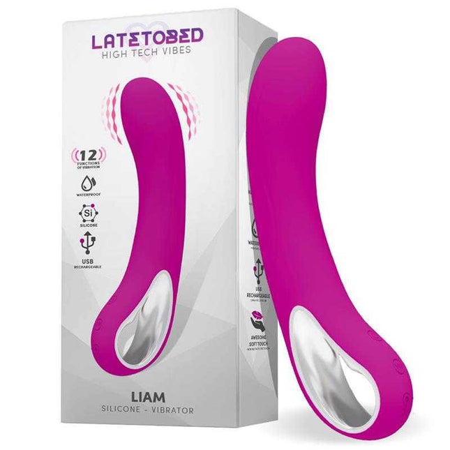 Liam Vibe USB Silicona pink silicone vibrator with packaging showing 12 vibration functions and ergonomic design.