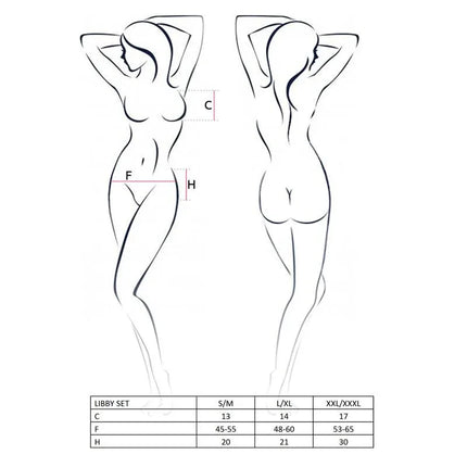 Libby Set Black size chart illustration with measurements for C, F, and H dimensions, highlighting silhouette design.
