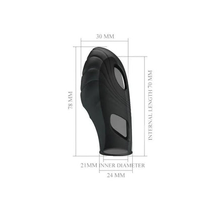 Lich Finger Vibrator black silicone sleeve with dimensions: 78mm height, 30mm width, 21mm inner diameter, 70mm internal length.