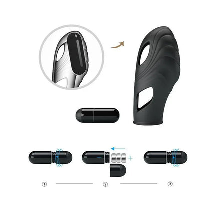 Lich Finger Vibrator in black silicone with a compact, finger-sleeve design showcased with detachable bullet for versatile use.