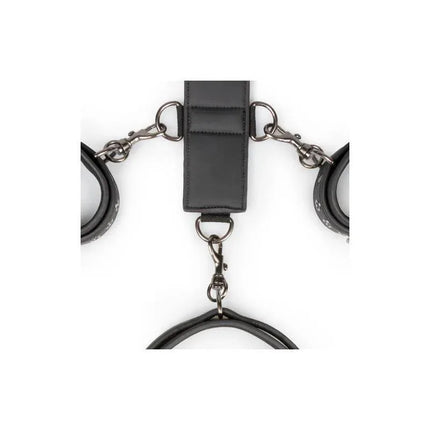 Ligature Set Neck and Wrist Restraint with adjustable faux leather collar and cuffs, featuring D rings for attachment, ensuring comfort.
