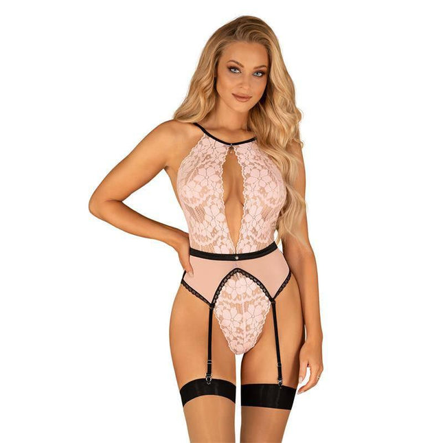 Lilines Teddy in pale pink and black, featuring lace and satin, perfect for an elegant boudoir look. 90% polyamide, 10% elastane.