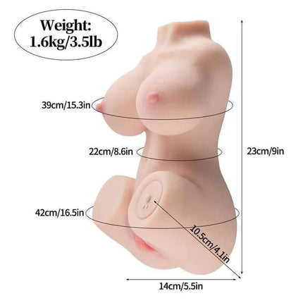 Lilinet Mini Vibrating Torso 1.6 kg showing dimensions and realistic design features.