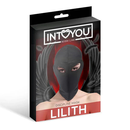 Lilith Incognito Mask with Opening in the Eyes Black, BDSM play mask with eye openings, elastic lightweight fabric, packaging view.