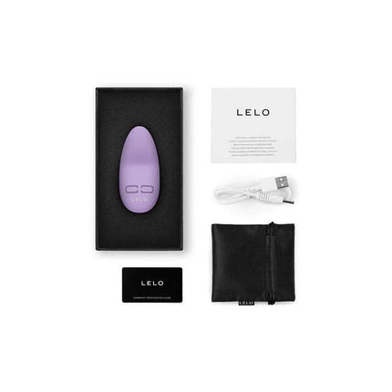 Lily 3 Massager Calm Lavender with accessories including charger, instructions, and pouch