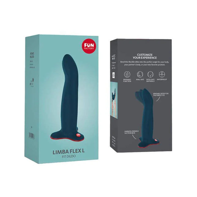 Limba Flex Dildo Size L Velvet Blue packaging showing adaptable poseable features