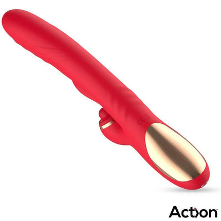 Limbe Vibe with Flip-Flap Tongue, Hitting Ball and Up and Down triple-motor vibrator by Action in a sleek red design.