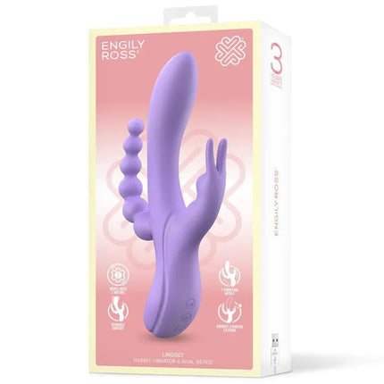 Lindsay Vibe with Anal Chain Liquid Silicone Unibody Flexible 2 Motors in packaging, purple dual-motor vibrator with clitoral stimulator