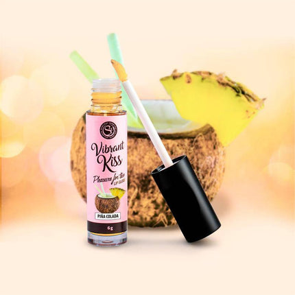 Lip Gloss Vibrant Kiss Piña Colada Flavor with coconut background