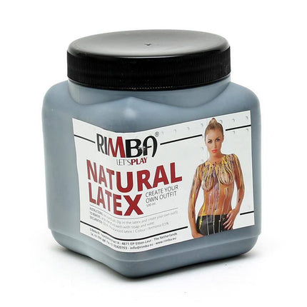 Rimba Natural Latex jar with model showcasing liquid latex body art