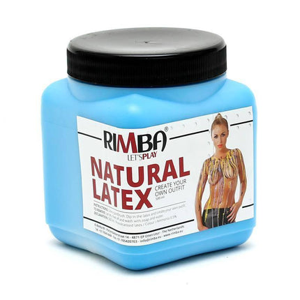 Product jar of Rimba Natural Latex in blue, used for body art and costume design, similar to Liquid Latex Blue 500 ml product.
