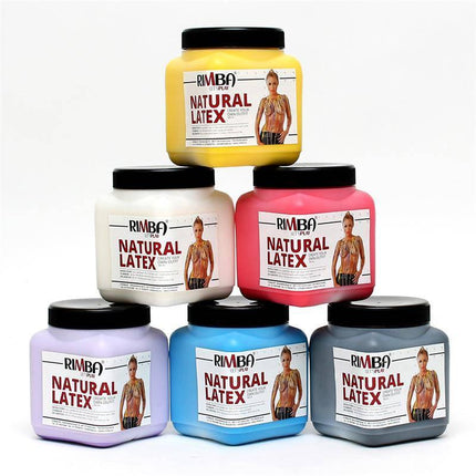 Various colors of liquid latex bottles, including Liquid Latex Yellow 500 ml, suitable for costumes and special effects makeup.