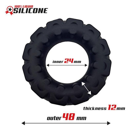 Liquid Silicone Cock Ring 2.4 cm with polygonal design and measurements: 24mm inner, 48mm outer, and 12mm thickness, made from 100% liquid silicone.